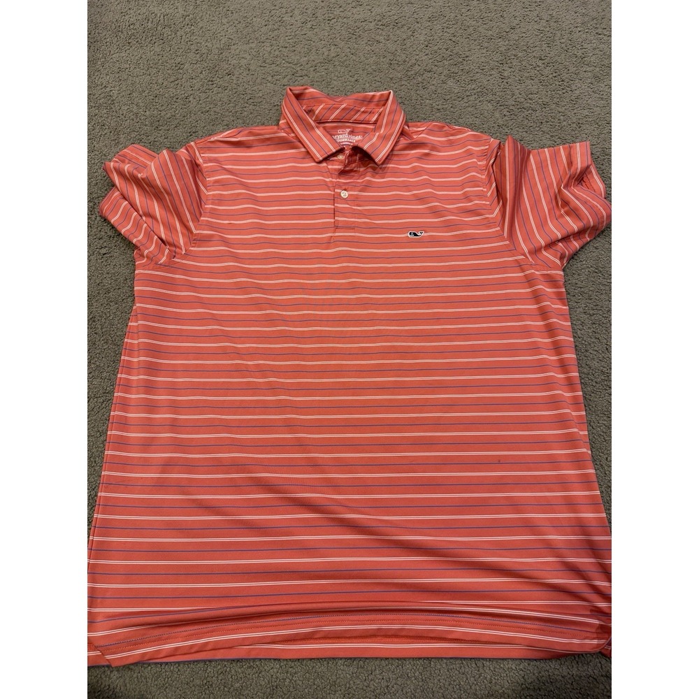 Vineyard Vines Polo Shirt Mens XL Orange White Striped Performance Golf Stretch